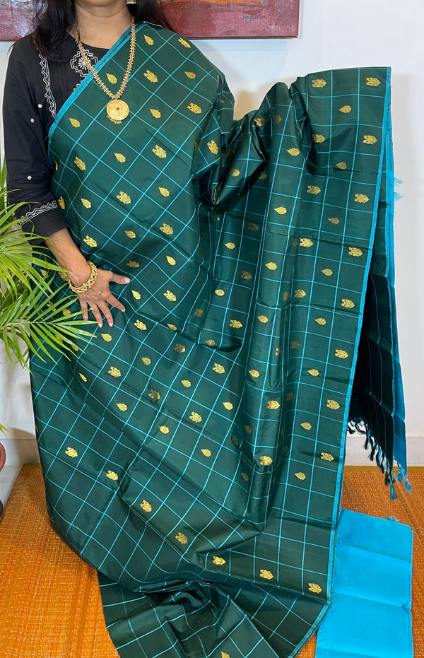 Exquisite Borderless Kanjivaram Silk Saree - Sea Green with Teal Pallu