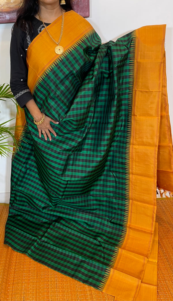 Green and Black Checks and Mustard Yellow Korvai Kanjivaram Silk Saree