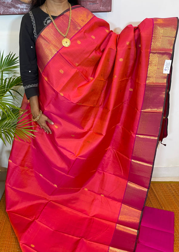 Orange and Pink Shot Colour Kanivaram Silk Handwoven Saree