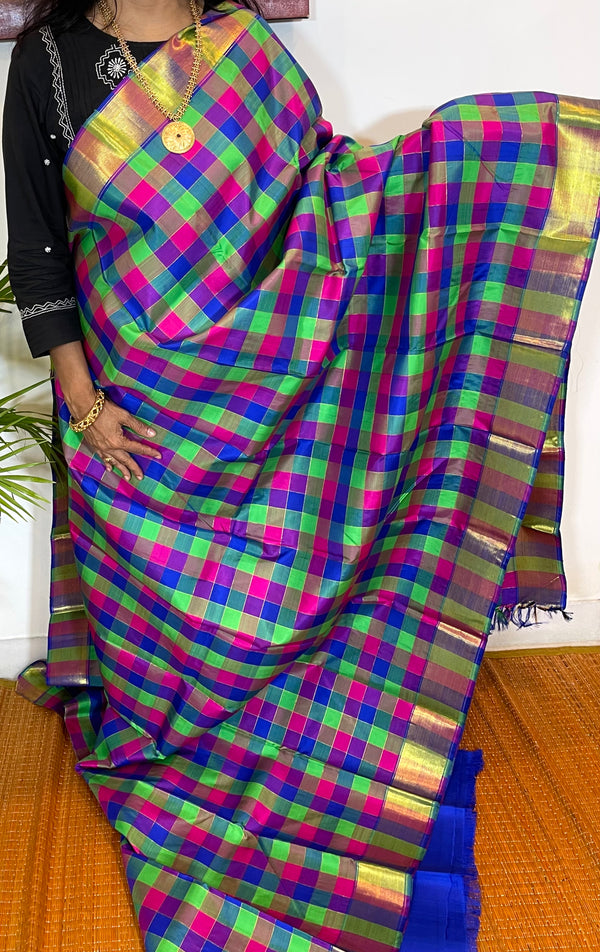 Multicoloured and Blue Kanjivaram Silk Checkered Saree