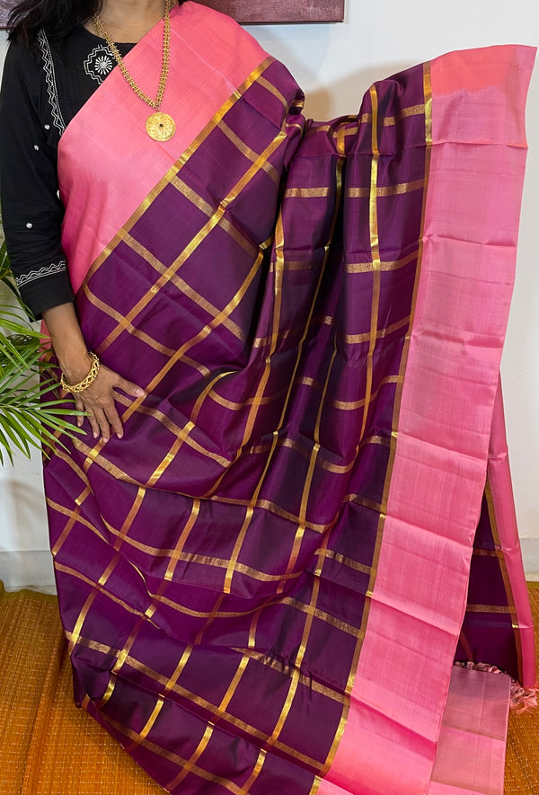 Majenta Purple and Pink Checkered Kanjivaram Silk Saree