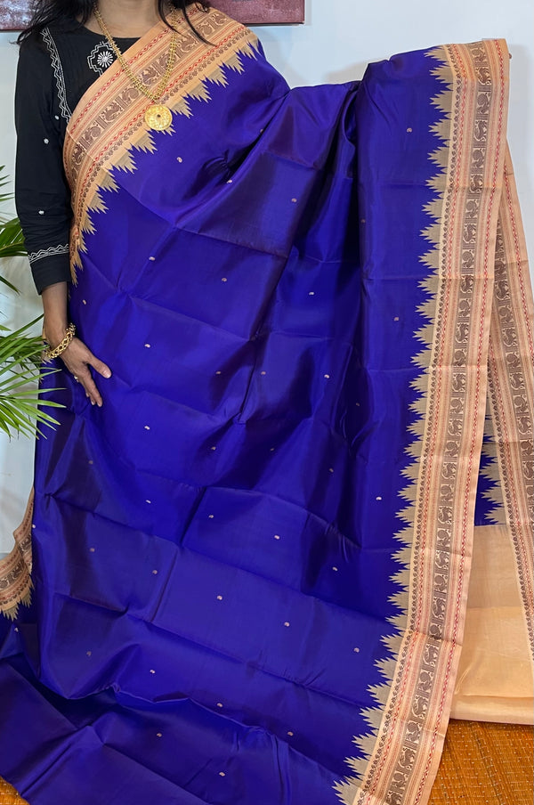 Royal Blue and Sandalwood Korvai Threadwork Kanjivaram Silk Saree