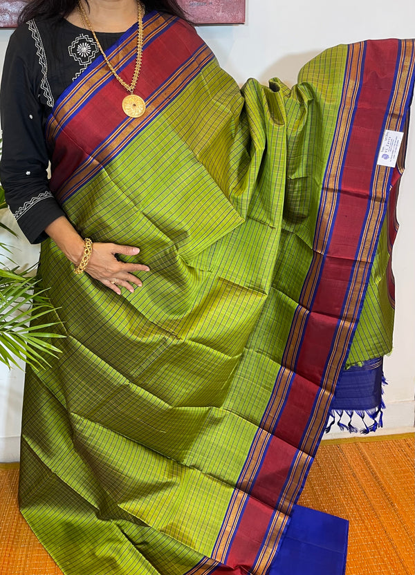 Green and Blue Striped Kanjivaram Silk Saree