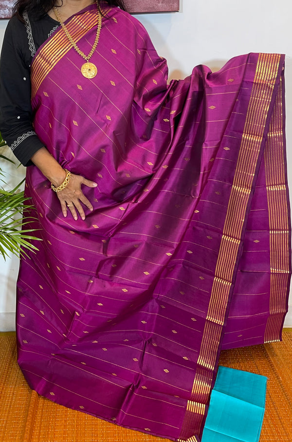 Magenta and Sky Blue Kanjivaram Silk Saree