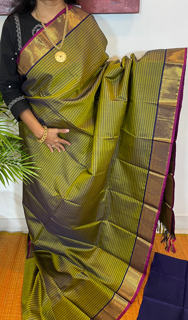 Olive Green and Blue Kanjivaram Silk Saree