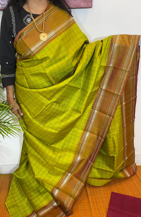 Green and Maroon Checkered Kanjivaram Silk Saree