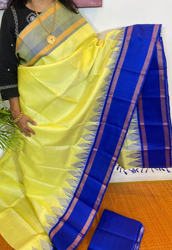 Light Yellow and Blue Kanjivaram Silk Saree