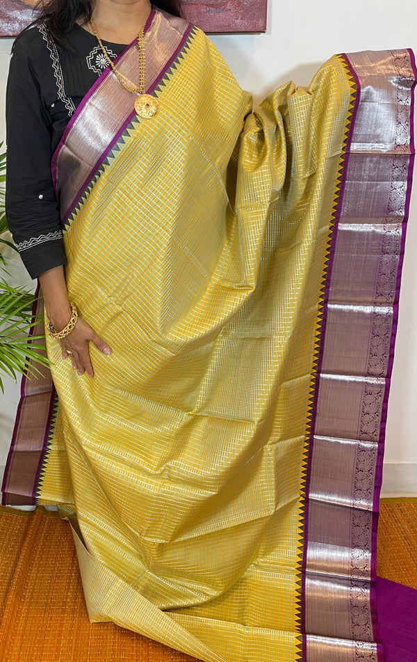 Yellow Green Multicoloured Silver Zari Check Kanjivaram Silk Saree