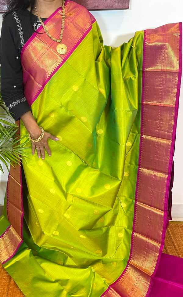 Parrot Green and Pink Korvai Kanjivaram Silk Saree