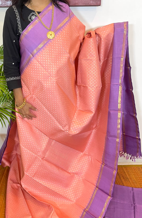 Peach and Lavender Kanjivaram Silk Saree