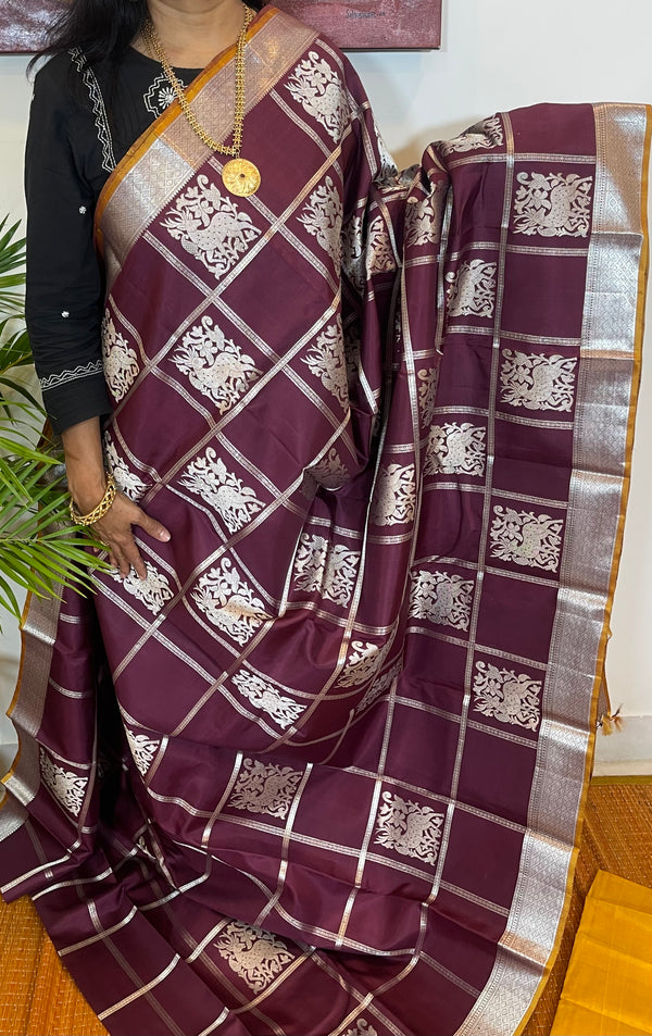 Wine and Yellow Checkered Deer Motif Kanjivaram Silk Saree Restocked