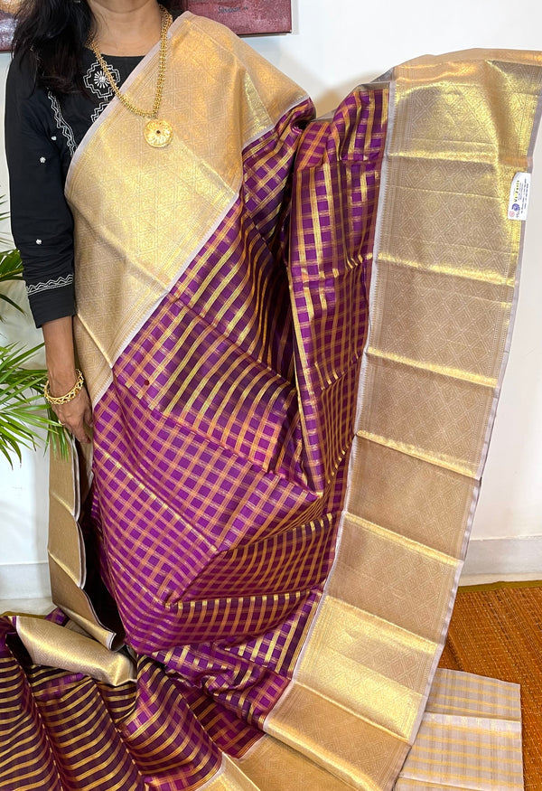 Magenta and Elephant Grey Checkered Kanjivaram Silk Saree