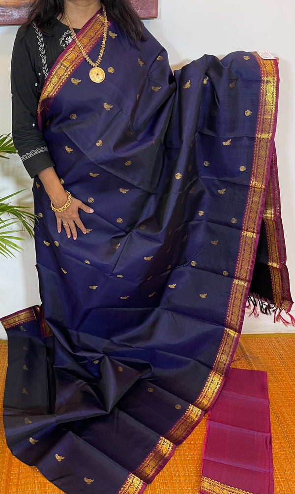 Navy Blue and Magenta Purple Handwoven Kanjivaram Silk Saree