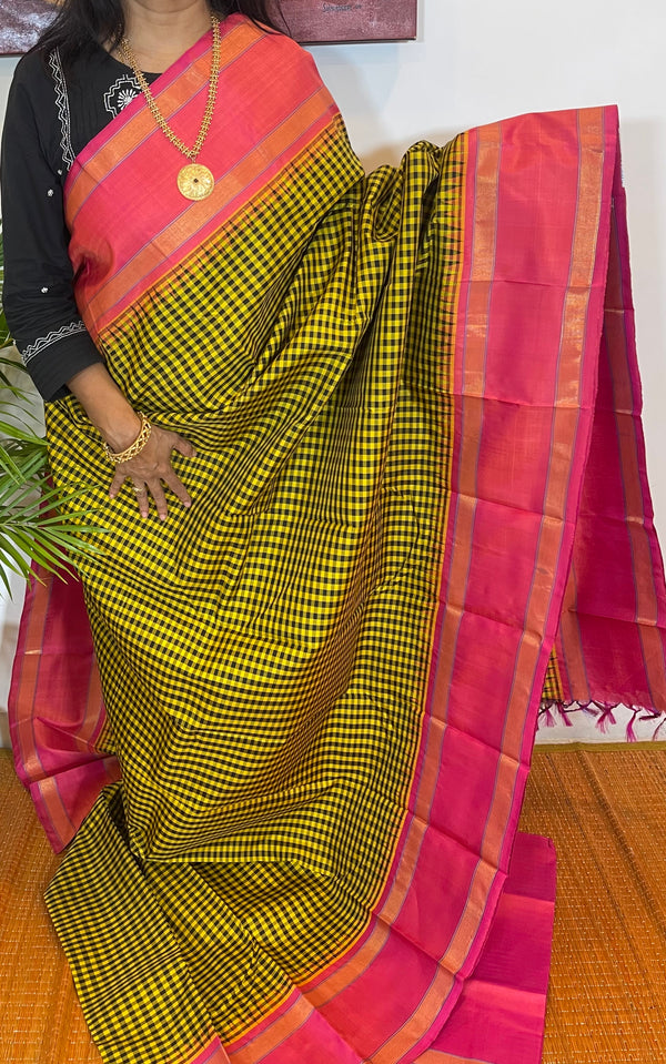 Greenish yellow with black checks and pink Korvai Kanjivaram Silk Saree