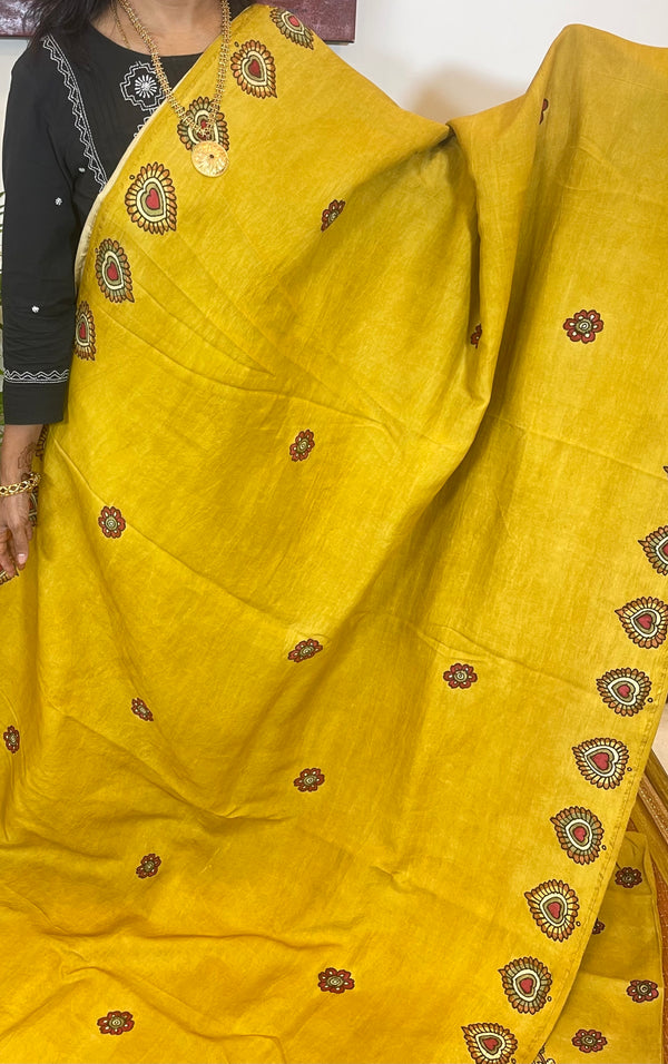 Golden Yellow Pen Kalamkari Kanjivaram Silk Saree