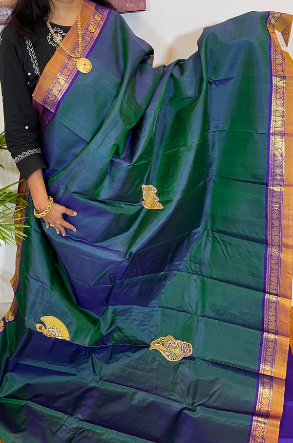 Peacock Green and Purple Handwoven Kanjivaram Silk Saree