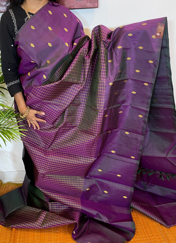 Purple Checkered Kanjivaram Silk Saree