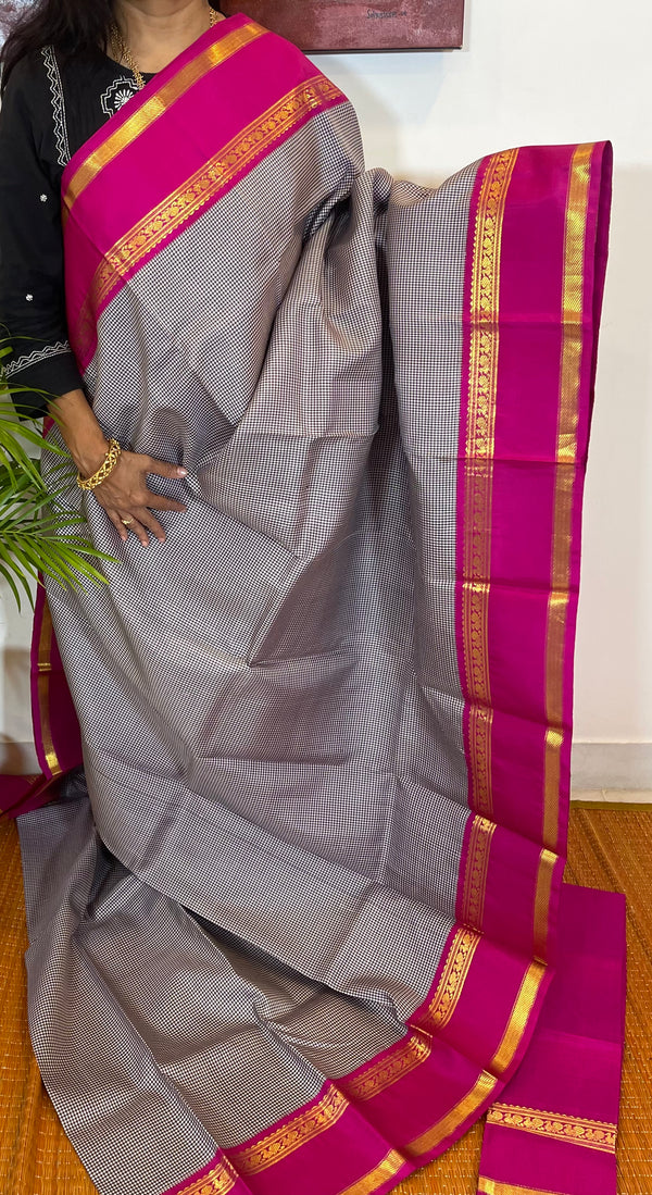 White, Black and Pink Checkered Kanjivaram Silk Saree