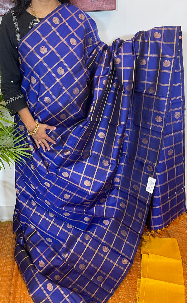 Blue and Mustard Yellow Kanjivaram Silk - Borderless Saree