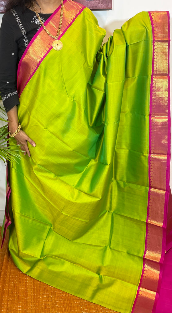 Parrot Green and Pink Kanjivaram Silk Saree