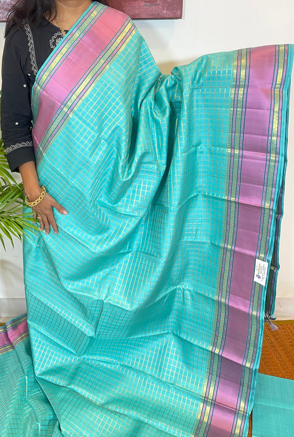 Blue and Pink Kanjivaram Handwoven Silk Saree