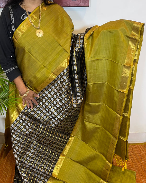 Olive Green and Black  Kanjivaram Silk Saree - 1000 Butta Saree