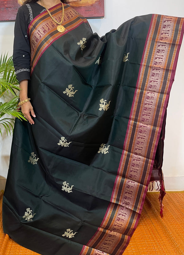 Hunter Green and Maroon Ramayan Kanjivaram Silk Saree