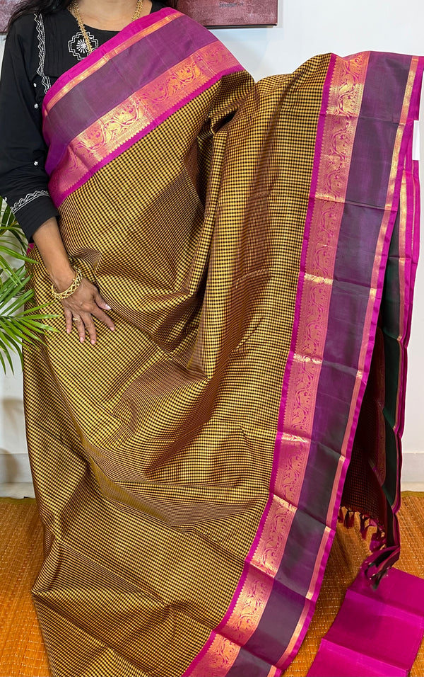 Yellow/Black and Pink Checkered Kanjivaram Silk Saree