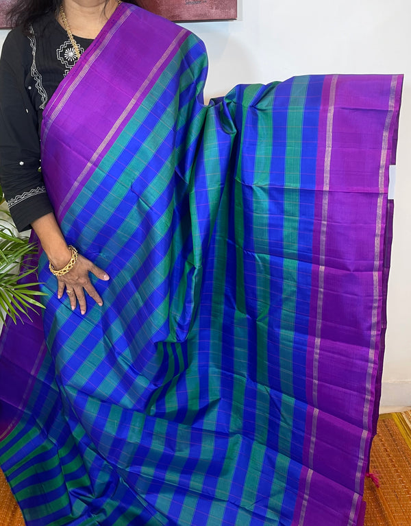 Blue Green and Purple Kanjivaram Silk Saree