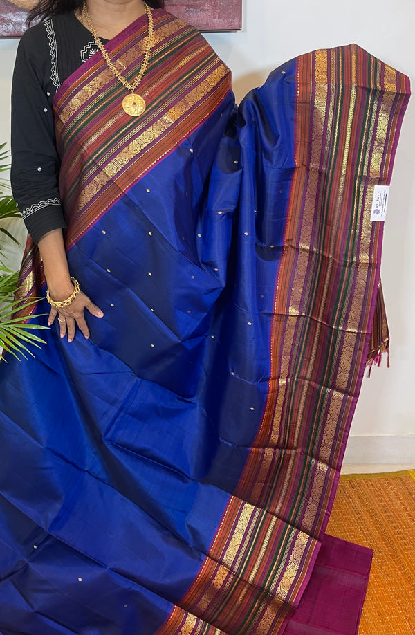 Blue and Magenta Kanjivaram Silk Saree - Vintage Design