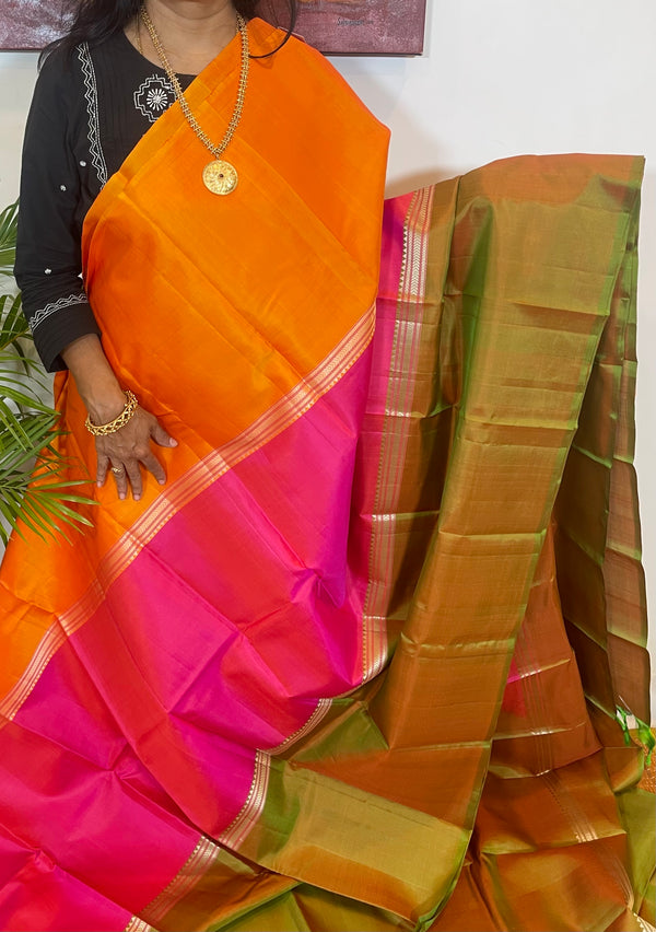 Pink Green and Orange Mubaggam Kanjivaram Silk Saree