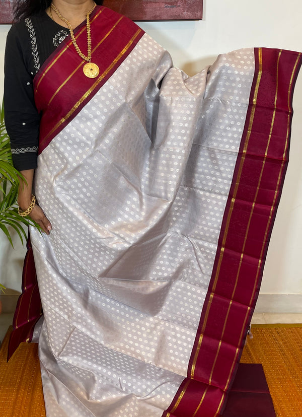 Light Grey Sari with Maroon and Gold Zari Accents