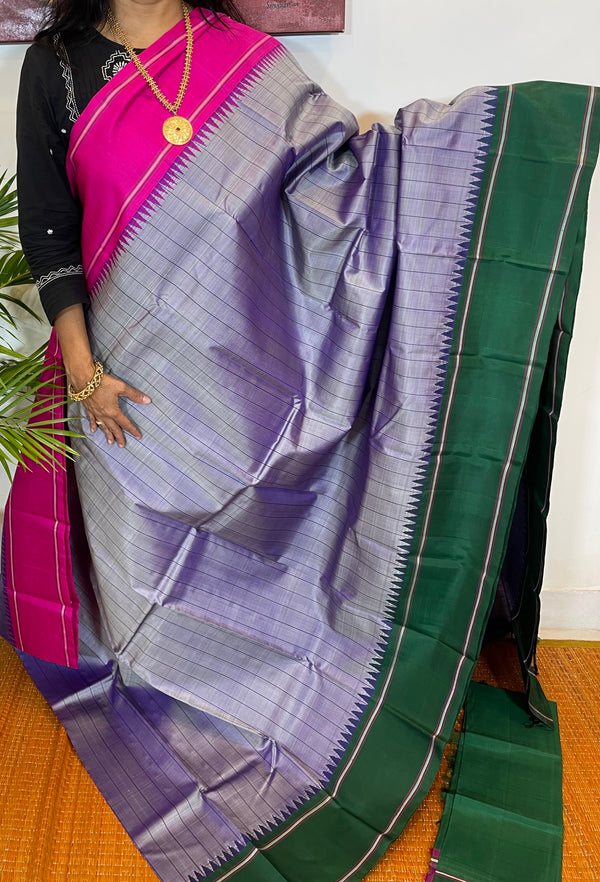 Grey, Pink and Green Korvai Kanjivaram Silk Saree