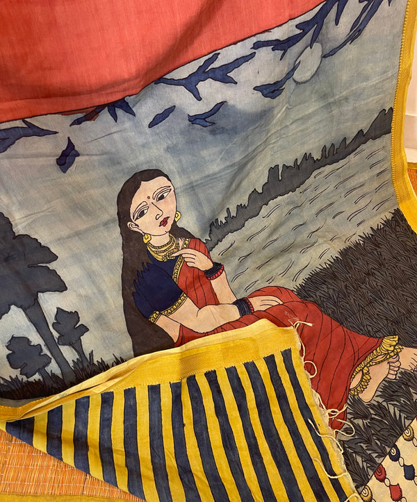 Rust Orange Kalamkari Silk Saree - Lady In moonlight - Raja Ravi Verma Painting