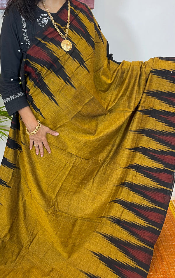 Mustard Yellow and Black Bengal Cotton Saree