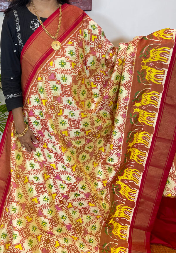 Beige and Red Double Ikkat Saree - Pochampally Weave