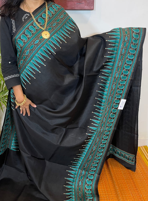 Black and Teal Kantha  on Mulberry Silk - a Treasure from Bengal