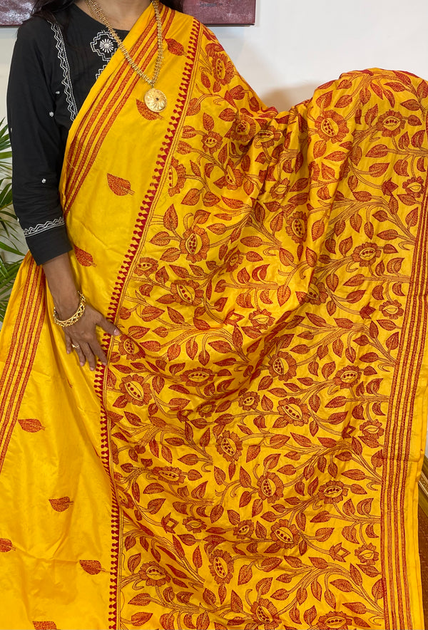 Yellow and Red Kantha Work Dupion Silk - A treasure from Bengal