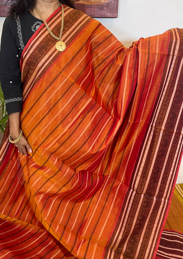 Orange and Brown Silk Cotton Saree - Veldhari Weaves