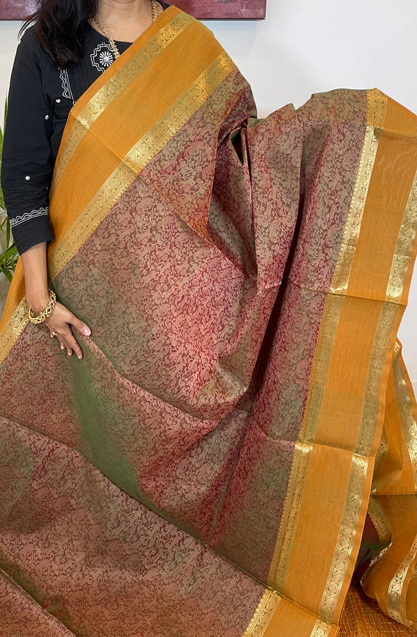 Maroonish Manthulir  and Mustard Yellow Silk Cotton Saree