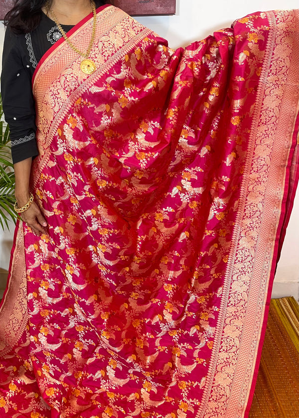 Magenta Pink Kadwa Weave Katan Silk Banaras Handloom Saree