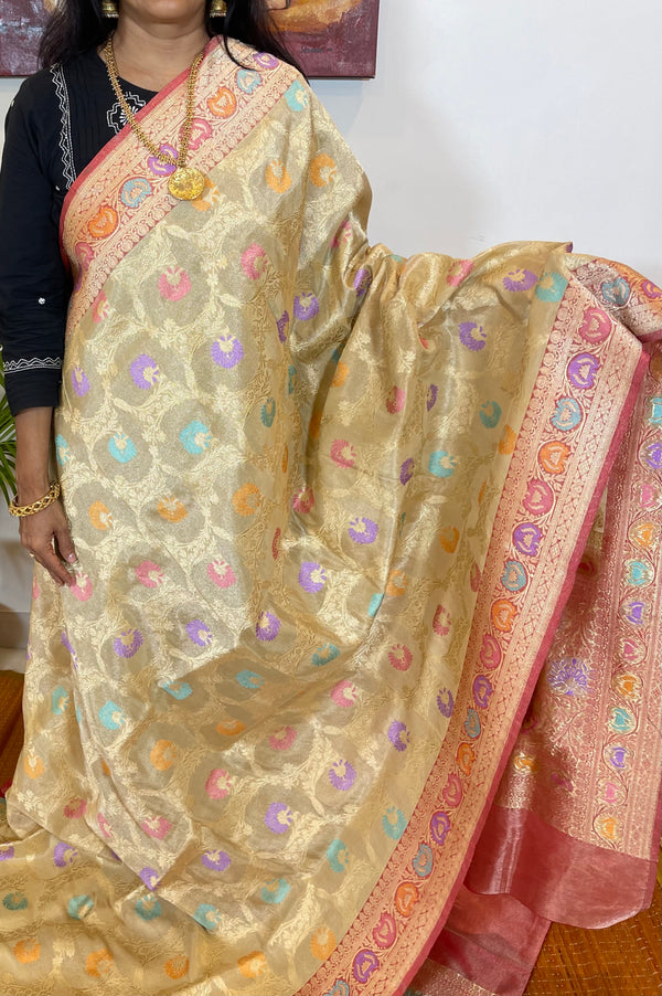 Gold Tissue Katan Silk Meenakari Jaal  Banaras Handwoven Saree