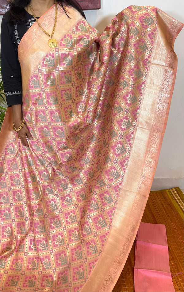 Pink  Katan Silk Tissue Jangla Banaras Handloom Saree