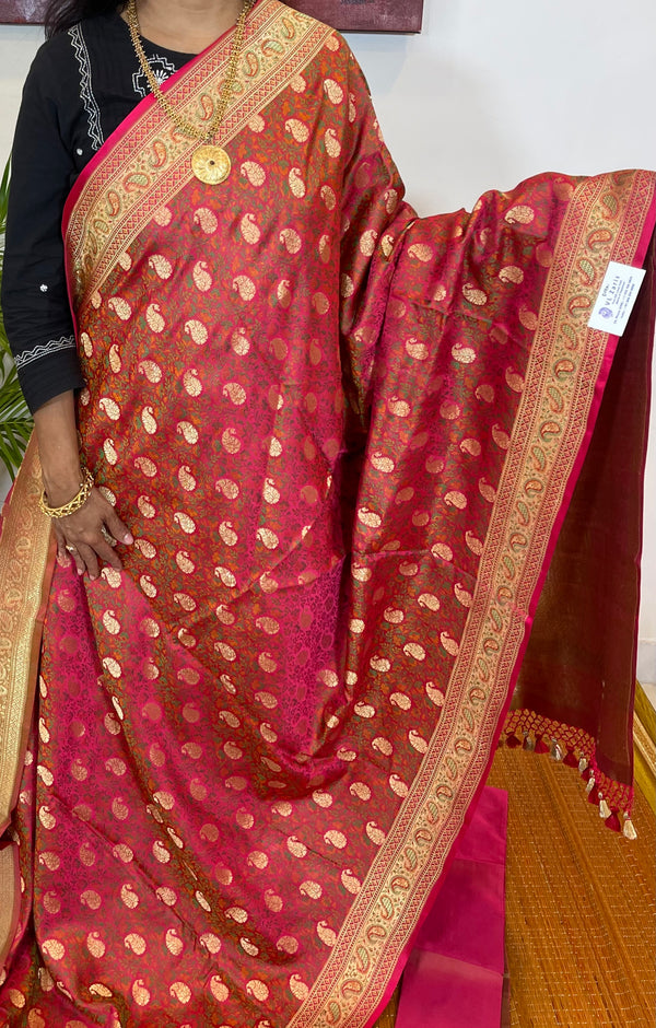 Pinkish Red Katan Silk Tanchoi Jamawar Banarasi Handloom Saree