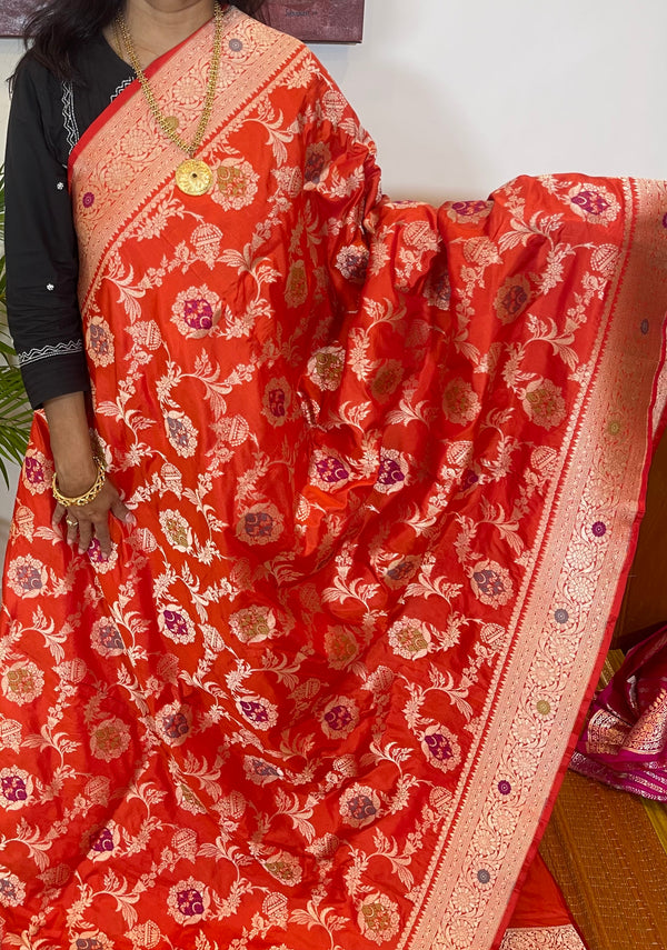 Orange Enchanted Floral Katan Silk Banaras Handloom Saree