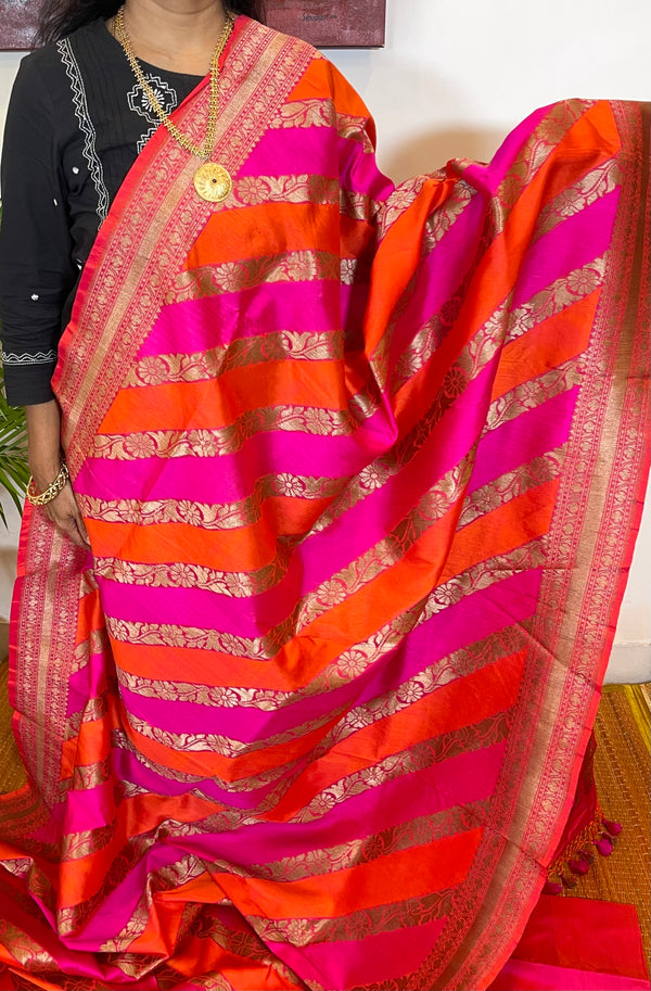 Orange & Pink Katan Silk Lehariya Banaras Handloom Saree