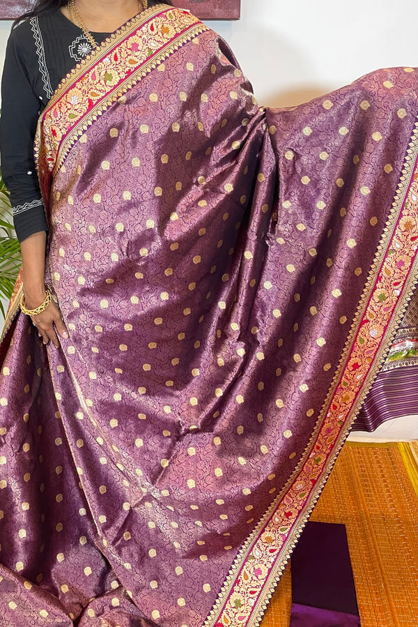 Purple Lehariya Kadwa Weave Meenakari Katan Silk Handloom Saree