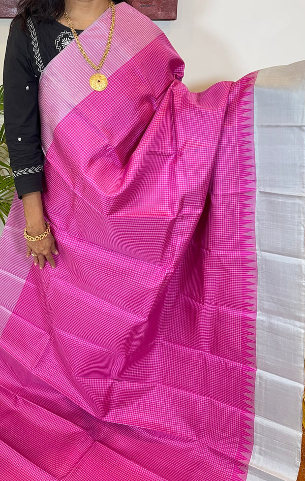 Pink Check and Grey Kanjivaram Silk Saree