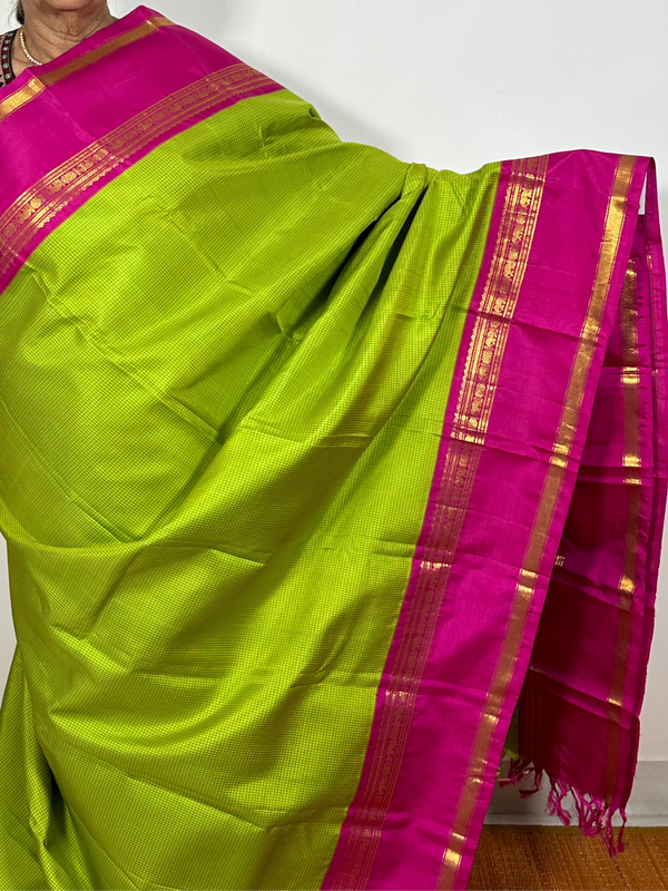 Green and Pink Checks Kanjivaram Silk Saree - Fin