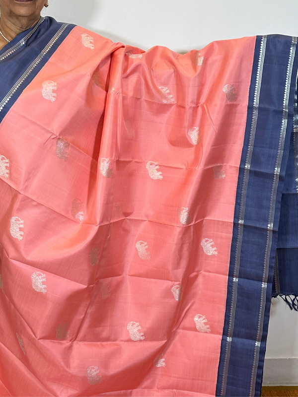Peachy Pink and grey Kanjivaram Silk Saree